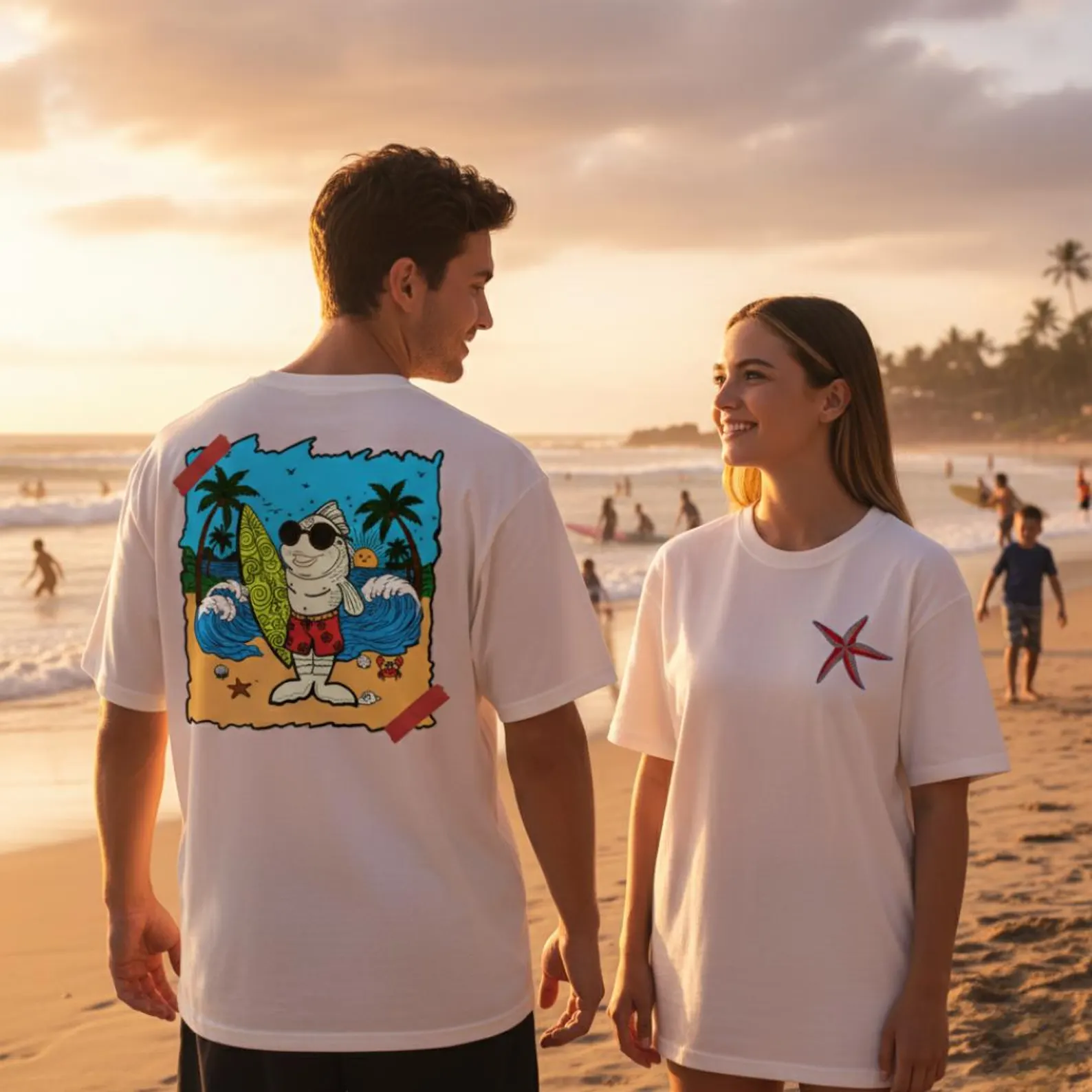 Surfing Fish T-Shirt | Tropical Beach Back Print Tee | Digitally Painted Cotton Tee